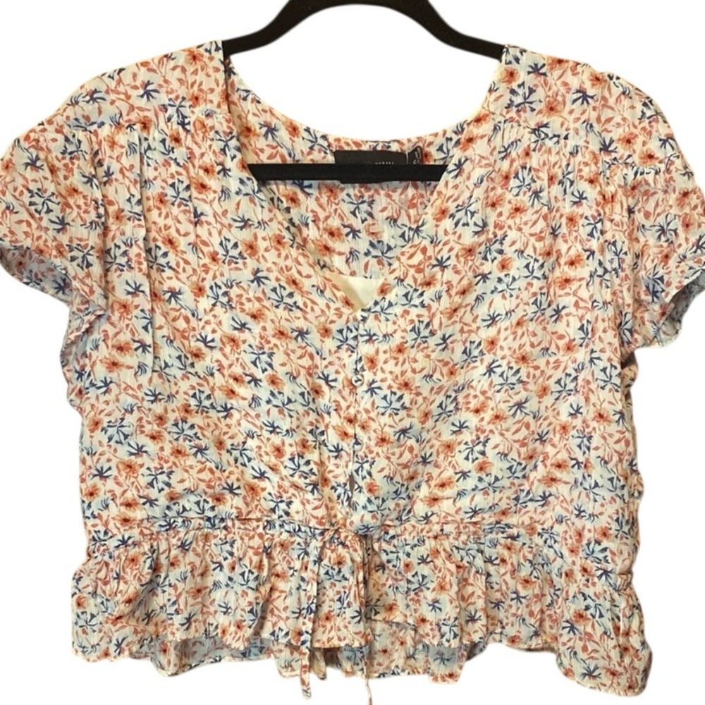 MINKPINK Floral Crop Blouse White Flutter Sleeve Tie Front Smocked Top Size XS